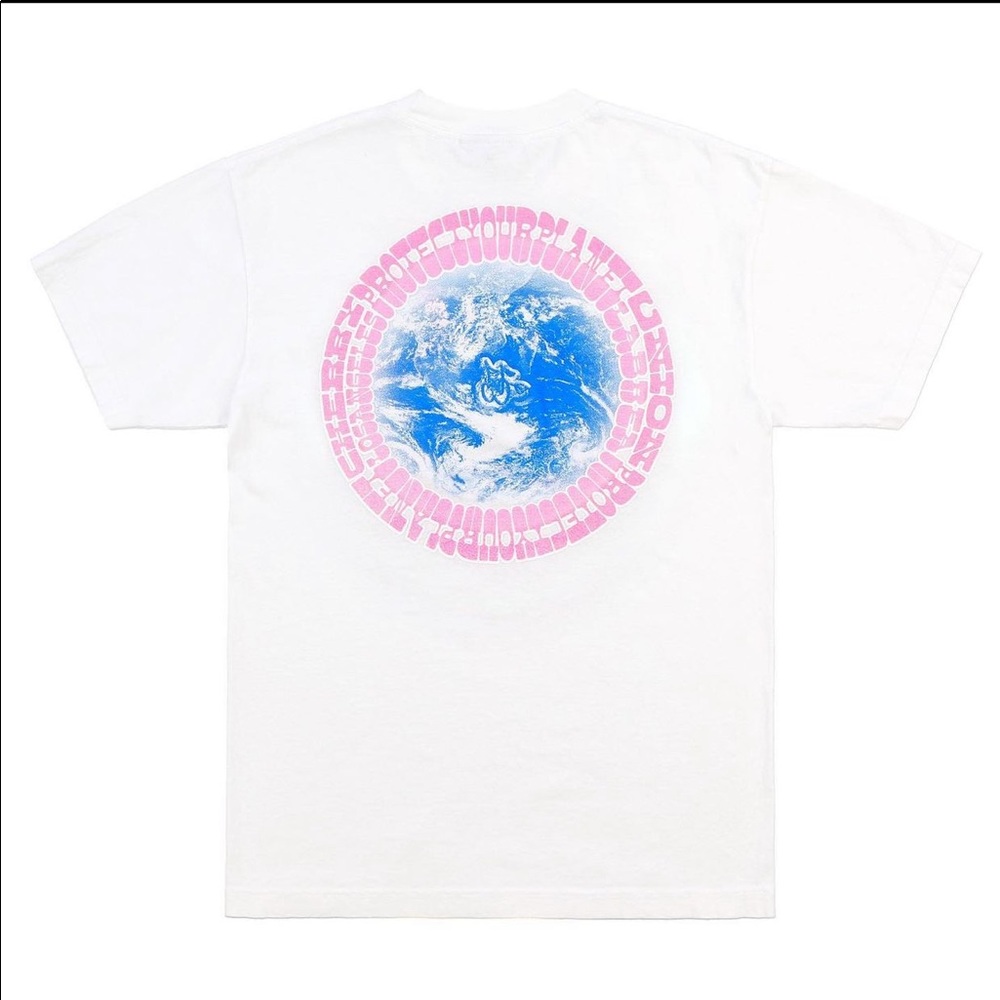 Cherry LA White Tee with Pink and Blue Graphic